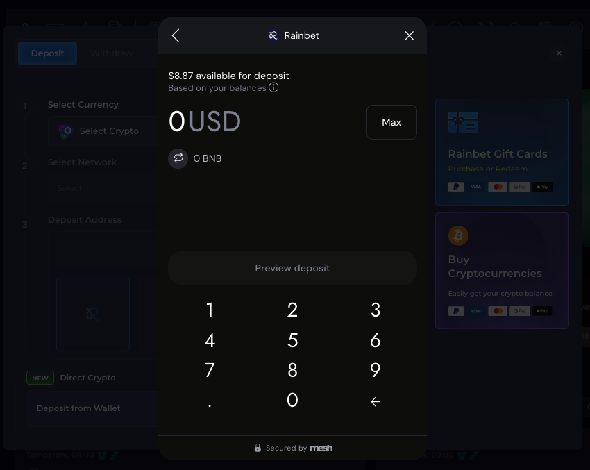 Rainbet - Connect crypto wallet